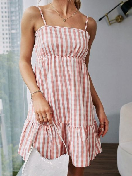 ruffle hem gingham cami dress z0tl#, Black;gray