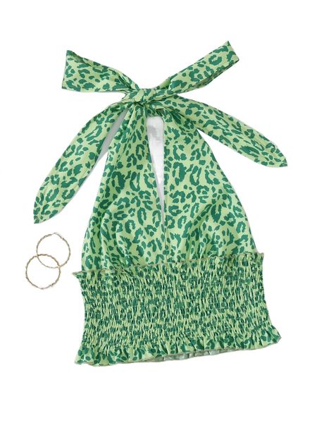 leopard print tie backless shirred halter i7s3#, White