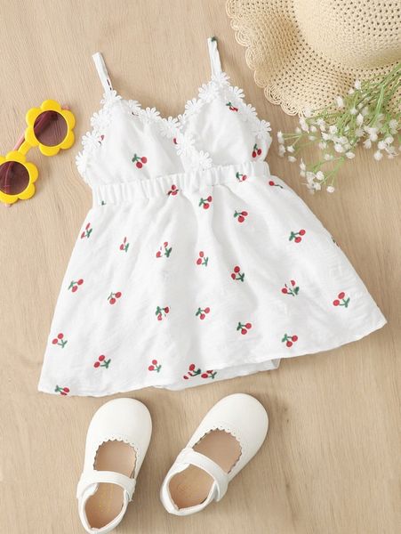 baby cherry print appliques cami dress v47j#, Black;gray