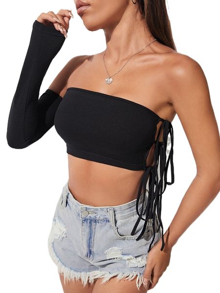 petite solid tie side crop tube with one sleeve v8oy#, White