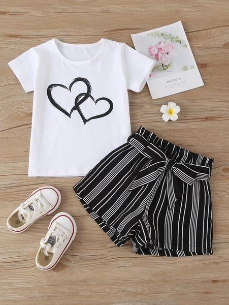 toddler girls heart print tee with striped belted shorts she, White 
toddler girls heart print tee with striped belted shorts she, White