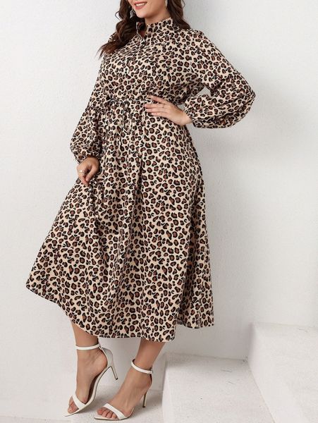 plus leopard print lantern sleeve belted dress l5qo#, Black