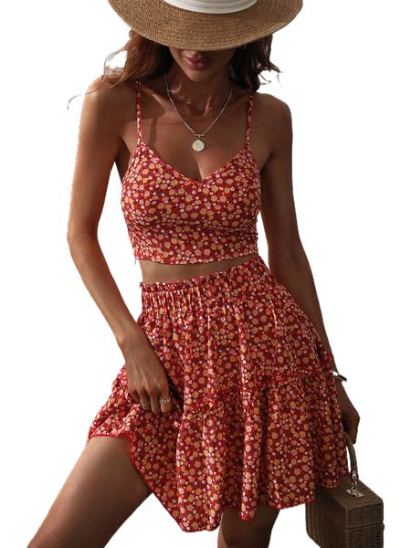 ditsy floral cami & paper bag waist skirt u0m6#, White