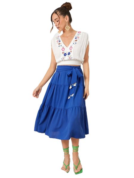 tassel detail self belted ruffle hem skirt e8hs#, Black 
tassel detail self belted ruffle hem skirt e8hs#, Black