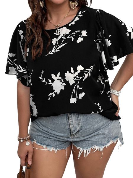 plus floral print butterfly sleeve blouse y667#, Black