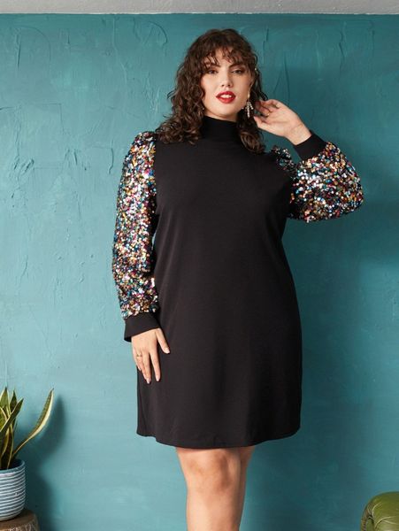 plus contrast sequin sleeve high neck dress l8qw#, Black
plus contrast sequin sleeve high neck dress l8qw#, Black
