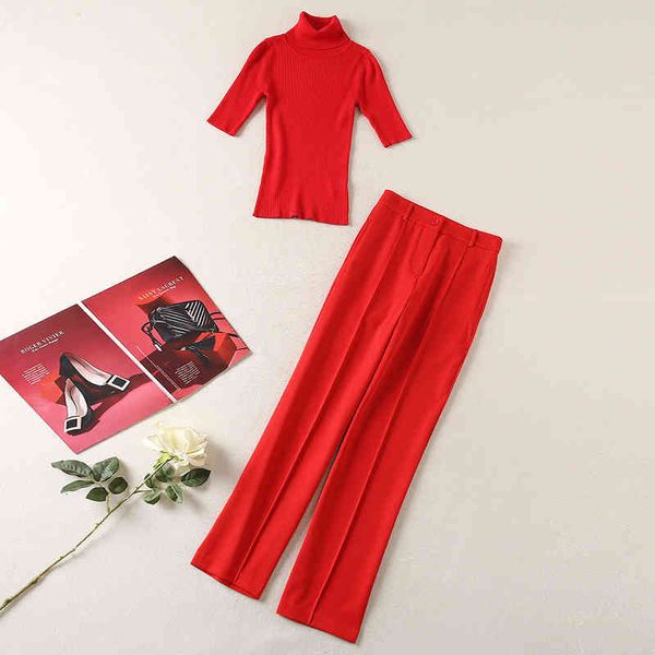 women's two piece pants celebrity style autumn women's suit high collar short sleeve sweater straight red set women, White
women's two piece pants celebrity style autumn women's suit high collar short sleeve sweater straight red set women, White