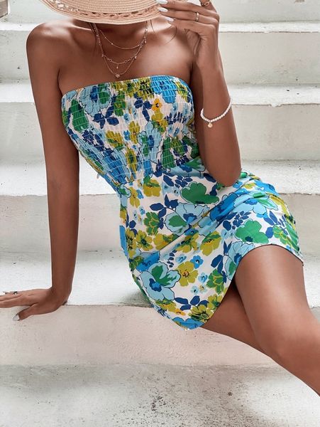 floral print shirred tube dress a95g#, Black;gray 
floral print shirred tube dress a95g#, Black;gray