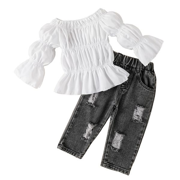 kids clothing sets girls outfits children ruffle off shoulder hole denim pants 2pcs/set spring autumn summer fashion baby clothes z6547, White
kids clothing sets girls outfits children ruffle off shoulder hole denim pants 2pcs/set spring autumn summer fashion baby clothes z6547, White