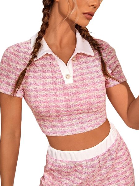 plaid contrast collar crop tee p9se#, White 
plaid contrast collar crop tee p9se#, White