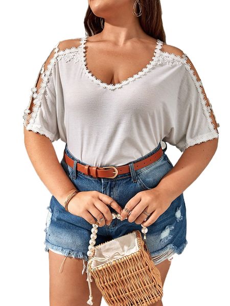 plus guipure lace insert cold shoulder tee f0u2#, Black
plus guipure lace insert cold shoulder tee f0u2#, Black