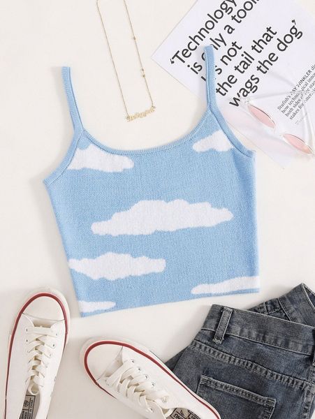 cloud print knit cami z81d#, White;black