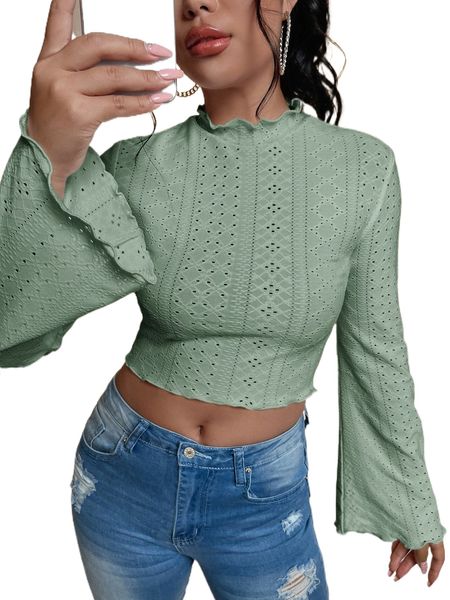 bell sleeve lettuce trim textured crop tee s6el#, White 
bell sleeve lettuce trim textured crop tee s6el#, White