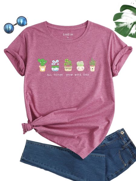 slogan & plant print tee b9ex#, White
