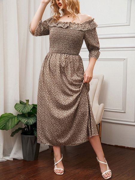 plus ditsy floral print frilled off shoulder shirred flounce sleeve dress c1kh#, Black
plus ditsy floral print frilled off shoulder shirred flounce sleeve dress c1kh#, Black
