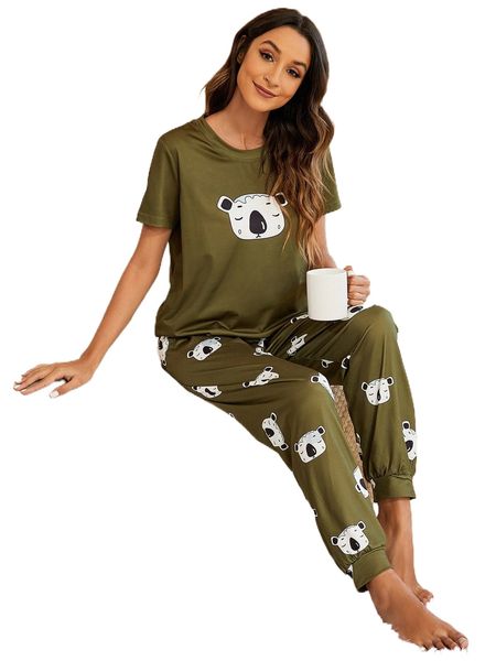 cartoon graphic tee & allover print pants pj set c3we#, Black;red 
cartoon graphic tee & allover print pants pj set c3we#, Black;red