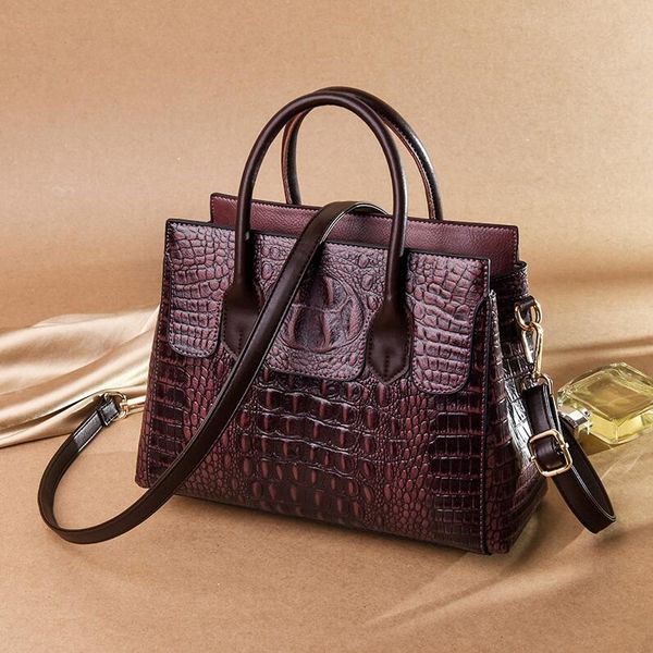 

ladies leathers shoulder bags high-quality embossed crocodile handbag large capacity horizontal retro leather handbags elegant personality fashion Tote bag, Dark brown1-9658