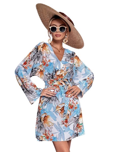 floral print dolman sleeve belted dress q8nu#, Black;gray 
floral print dolman sleeve belted dress q8nu#, Black;gray