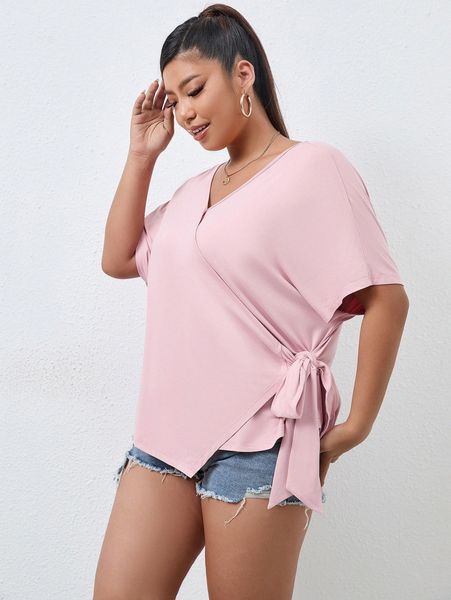 plus wrap tie side batwing sleeve tee o2xw#, Black 
plus wrap tie side batwing sleeve tee o2xw#, Black