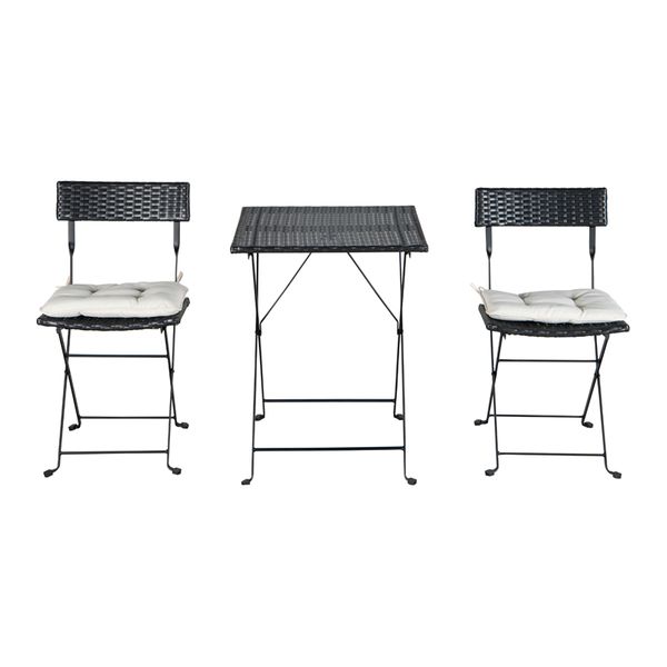 patio black pe wicker folding bistro set one table with two chairs and two beige cushion
patio black pe wicker folding bistro set one table with two chairs and two beige cushion