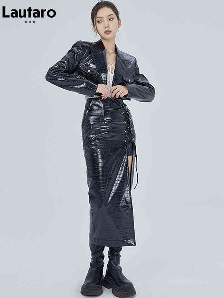 lautaro 2 piece sets womens outfits lace up black shiny crocodile texture leather midi skirt with side slit and crop 2022 l220728
lautaro 2 piece sets womens outfits lace up black shiny crocodile texture leather midi skirt with side slit and crop 2022 l220728
