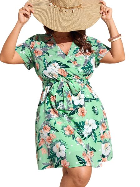 plus tropical print belted dress w4lo#, Black