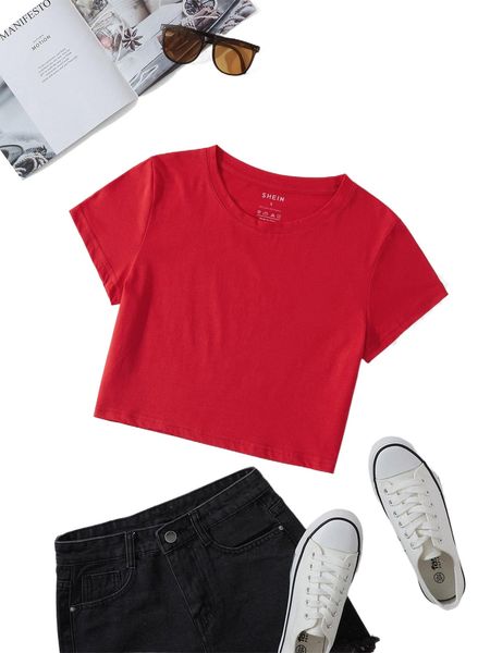 solid round neck crop tee 40tb#, White