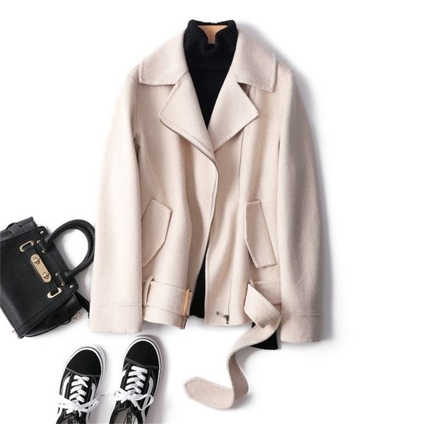 double sided cashmere beige color warm with belt and packet woolen women's coat for winter 210416, Tan;black
double sided cashmere beige color warm with belt and packet woolen women's coat for winter 210416, Tan;black