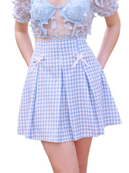 kawaii gingham fold pleated bow decor skirt y6wy#, Black