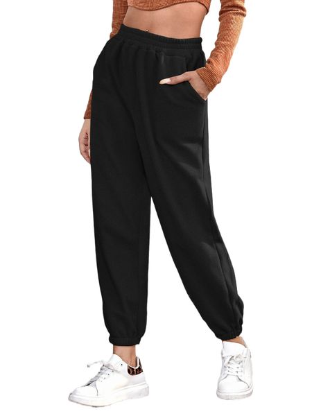 solid high waist fleece sweatpants s7eu#, Black;white