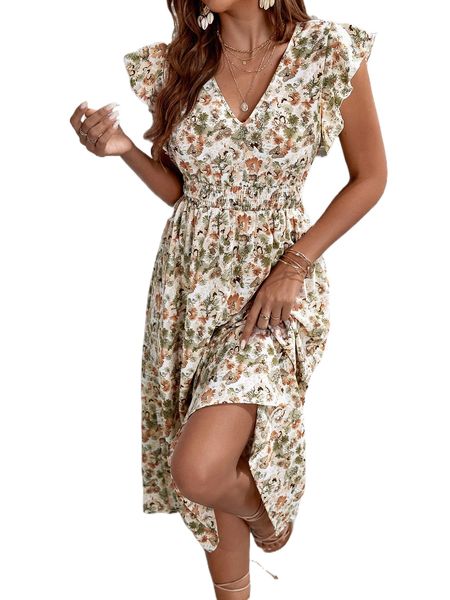 floral print butterfly sleeve shirred dress l9rq#, Black;gray