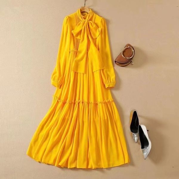 european and american women's summer 2022 new bow collar with long sleeves fashionable yellow pleated dress, Black;gray
european and american women's summer 2022 new bow collar with long sleeves fashionable yellow pleated dress, Black;gray