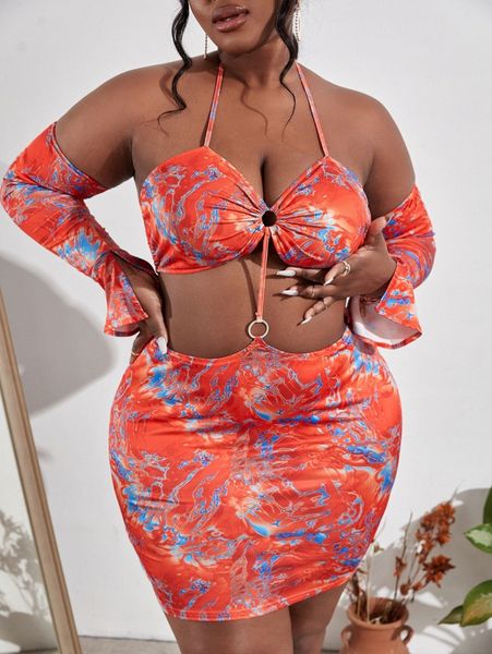 sxy plus all over print o-ring detail backless dress v9xv#, Black 
sxy plus all over print o-ring detail backless dress v9xv#, Black