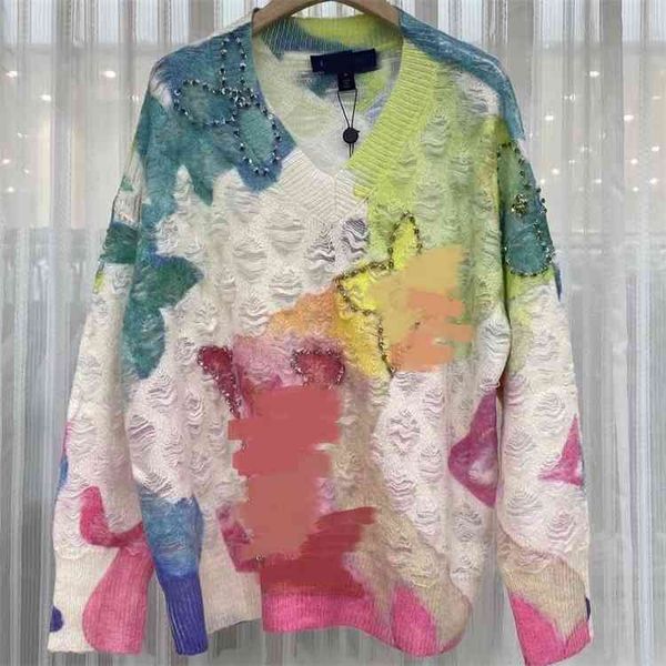 l home spring and summer watercolor ink halo dyeing diamond inlaid hollow out sweater v-neck casual fresh sweet girl 7a6l, White
l home spring and summer watercolor ink halo dyeing diamond inlaid hollow out sweater v-neck casual fresh sweet girl 7a6l, White