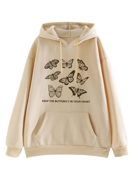 slogan & butterfly print drawstring thermal lined hoodie y8az#, Black
