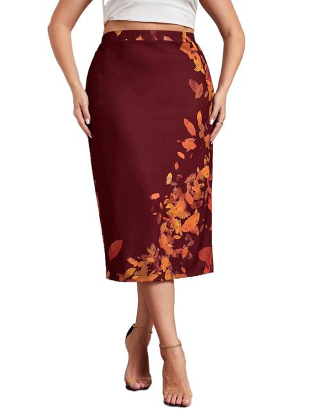 x ashuriicouture plus leaves print high waist skirt j7tz#, Black