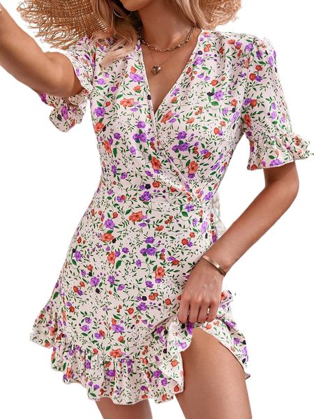 all over floral print ruffle hem dress q9rf#, Black;gray 
all over floral print ruffle hem dress q9rf#, Black;gray