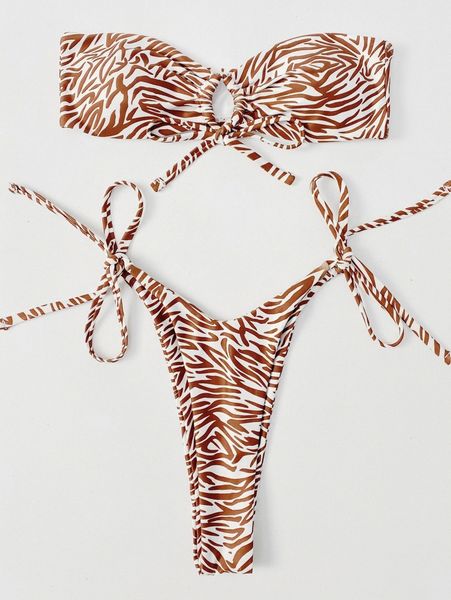 allover print bandeau bikini swimsuit i9xu#, White;black