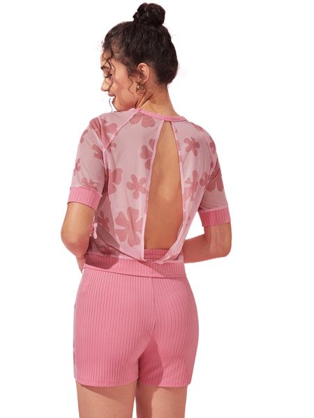 x nishati by will floral print cut out back contrast mesh raglan sleeve tee & tie front shorts x15f#, White
x nishati by will floral print cut out back contrast mesh raglan sleeve tee & tie front shorts x15f#, White