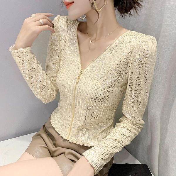 women's t-shirt 2022 spring women t shirt v neck sequined mesh casual long-sleeved zipper cardigan, White
women's t-shirt 2022 spring women t shirt v neck sequined mesh casual long-sleeved zipper cardigan, White