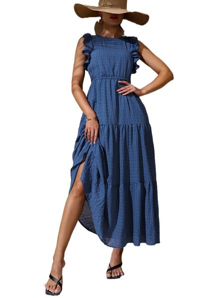 keyhole back ruffle trim a-line dress z2lq#, Black;gray