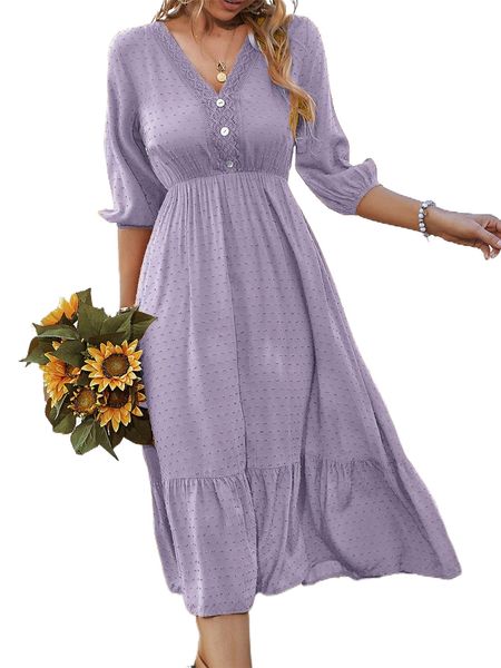 swiss dot lace detail fake button lantern sleeve ruffle hem dress 794o#, Black;gray
swiss dot lace detail fake button lantern sleeve ruffle hem dress 794o#, Black;gray