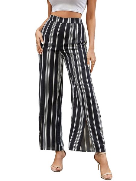 striped print split hem pants j2st#, Black;white