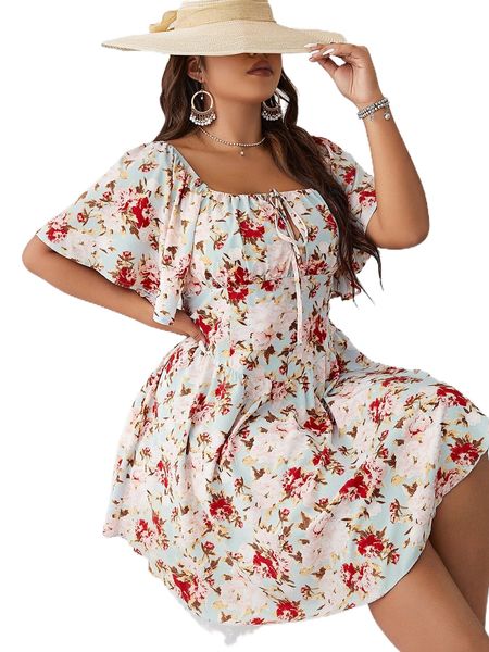 plus allover floral print flutter sleeve tie front shirred back dress p5qv#, Black
plus allover floral print flutter sleeve tie front shirred back dress p5qv#, Black