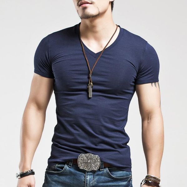 men's v neck t shirt solid color short sleeve tees stretch lycra tights slim t-shirts, White;black
men's v neck t shirt solid color short sleeve tees stretch lycra tights slim t-shirts, White;black