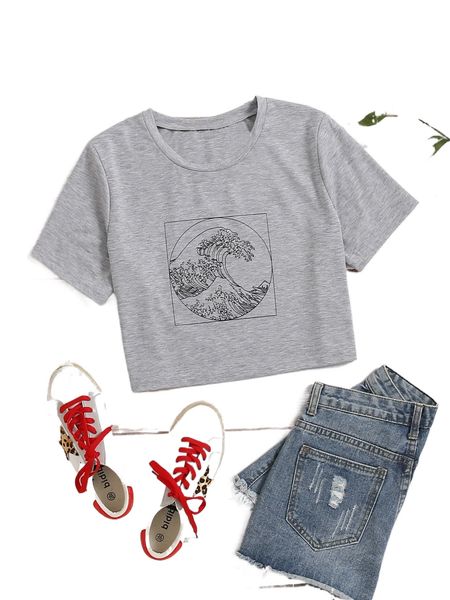 graphic round neck crop tee 14cu#, White