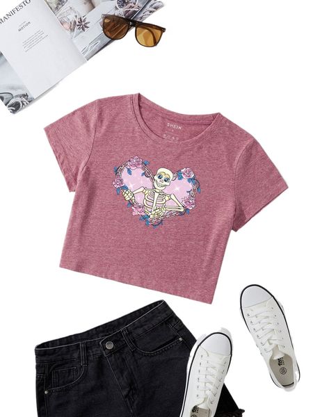floral & skeleton print crop tee 79ez#, White