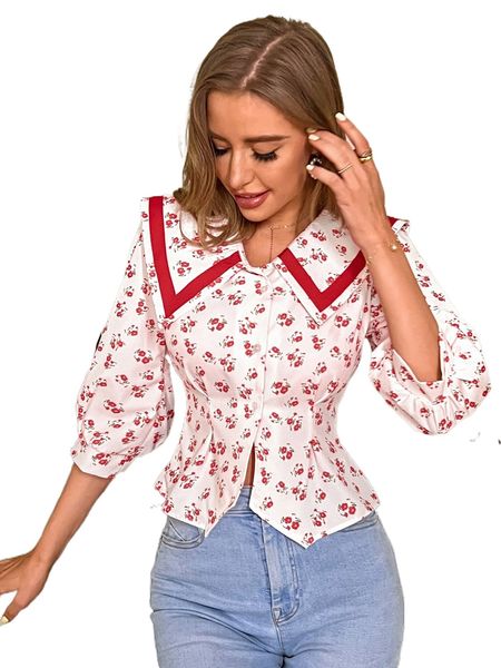 ditsy floral print statement collar blouse p60z#, White