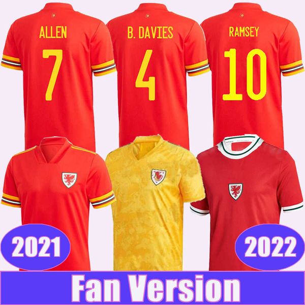 

2021 2022 allen ramsey mens soccer jerseys wales new national team bale wilson home red away yellow football shirt short sleeve adult, Black;yellow