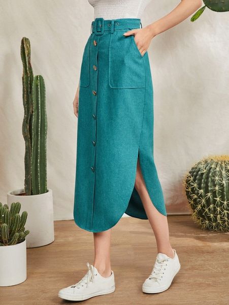 slant pocket curved hem belted skirt k0bj#, Black 
slant pocket curved hem belted skirt k0bj#, Black